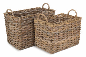 Rectangular Grey Rattan Hallway Log Basket Set 2