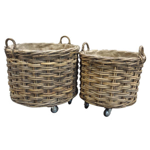 Set of 2 Round Baskets with Wheels & Jute Liner