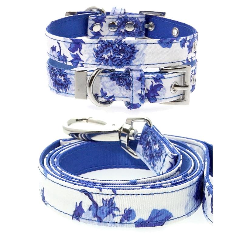 Blue Floral Bouquet Fabric Collar & Lead Set