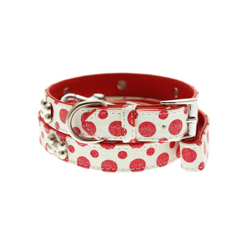 Red / White Polka Dot Glitter Silver Bone Collar & Lead Set